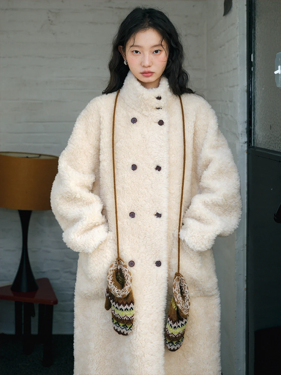 

Blueerror Full Wool Lamb Fur Collar Long Coat Women's Inteated Skin Fur Stand Collar Warmth Winter Faion Outerwear