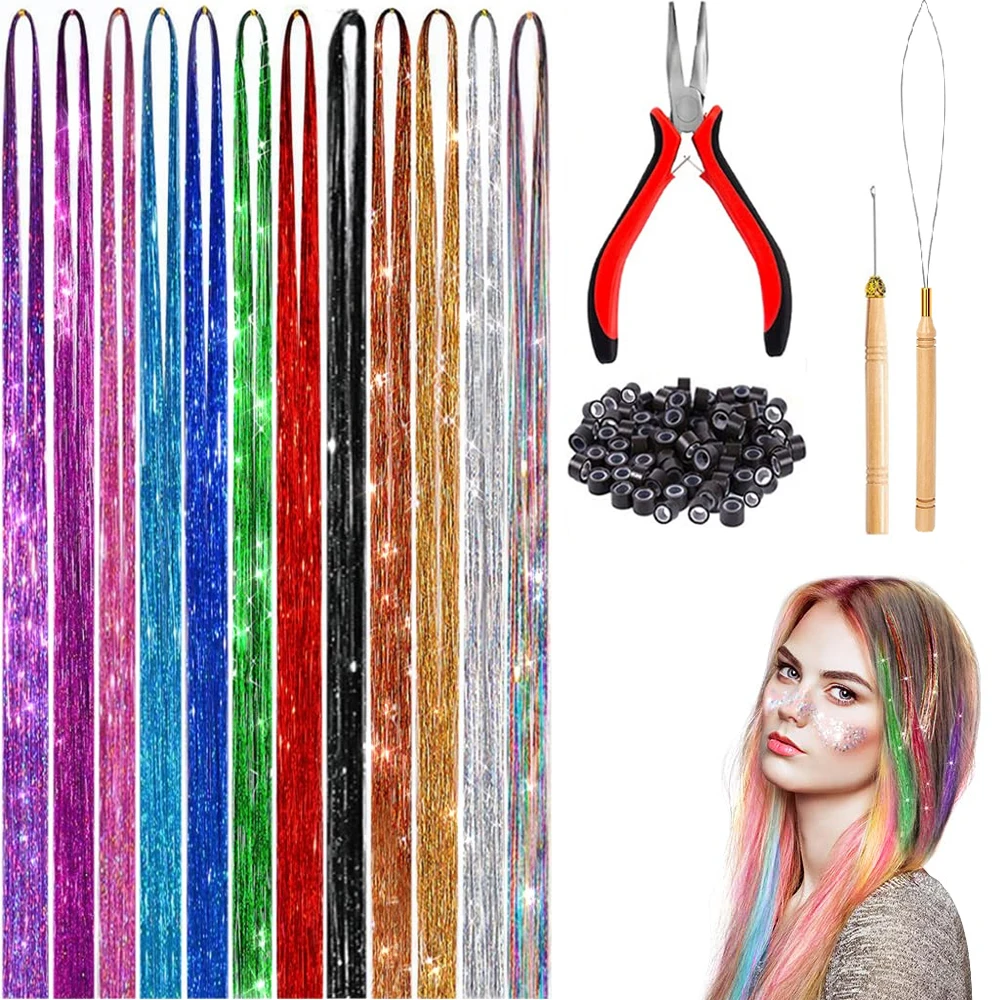 

Tinsel Hair 35" Hair Extension Kit With Tools 12 Mixed Colors Tinsel Glitter False Hair Tinsel For Women Girls Hair Accessories