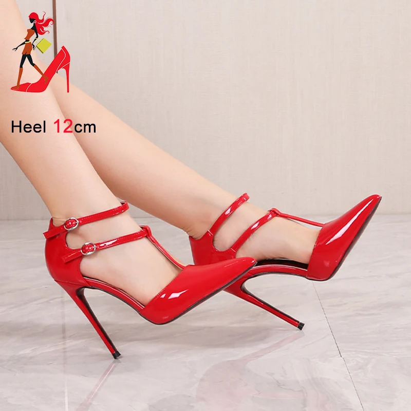 New 12CM Super High Heels Designer Ankle Strap Sandals Plus Size 46 Wedding Party Shoe Sexy T Strap Pointed Toe OL Women Shoes