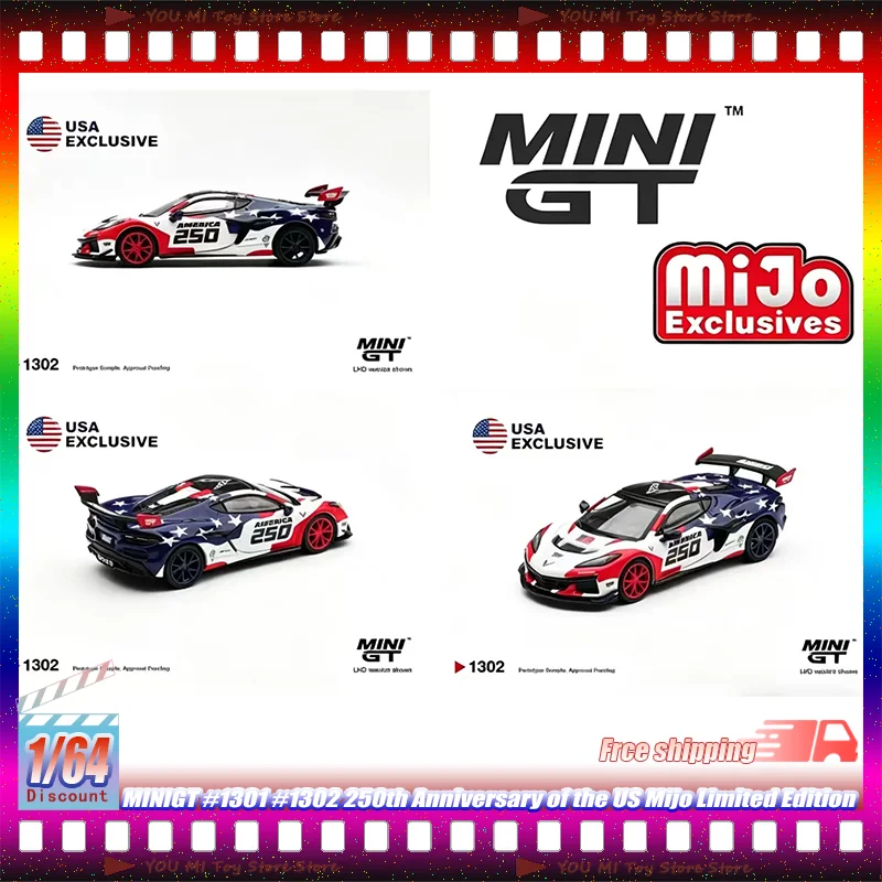 

1:64 Новый Minigt # 1301 # 1302 250-летие США: лимитированная серия Mijo, миниатюрная модель автомобиля из сплава, литая под давлением, детская игрушка, подарок
