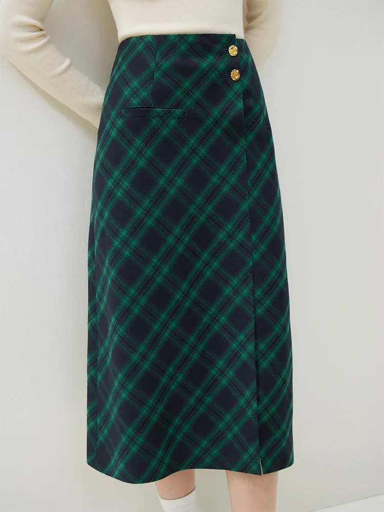 FSLE England Style Vintage Plaid Woolen Skirt for Women Autumn and Winter 2023 New 30% Wool High Waist A-Line Skirt Female