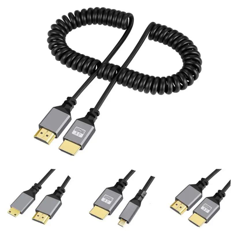 Right/Left Angle Mini  HDTV-compatible / Micro HDTV- compatible male to male stretch Spring Curl Flexible cable  V1.4 DSLR Cable