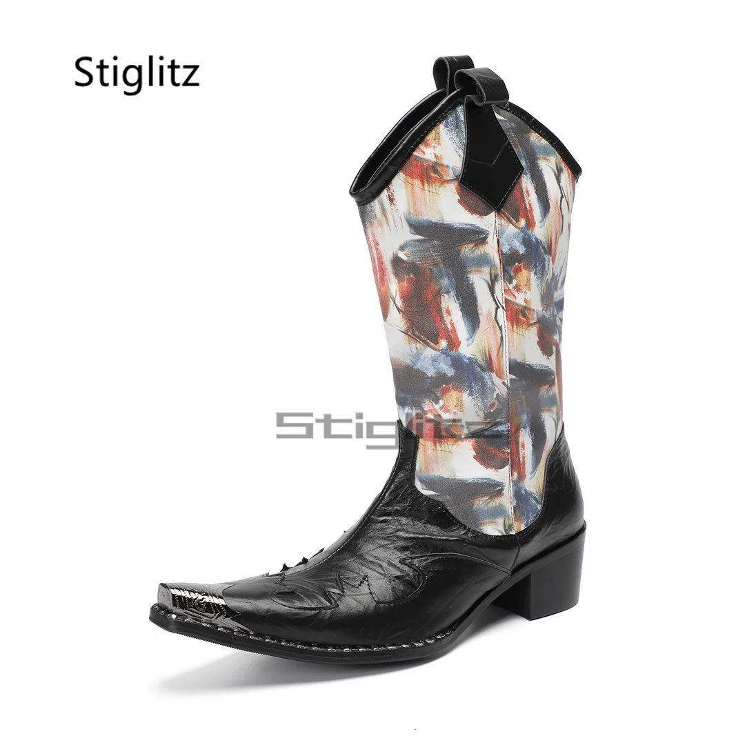 Męskie buty jeździeckie ze skóry bydlęcej z haftem, luksusowe nadruki graffiti, metalowe szpiczaste noski, wysokie obcasy, wsuwane botki Chelsea, buty wizytowe.