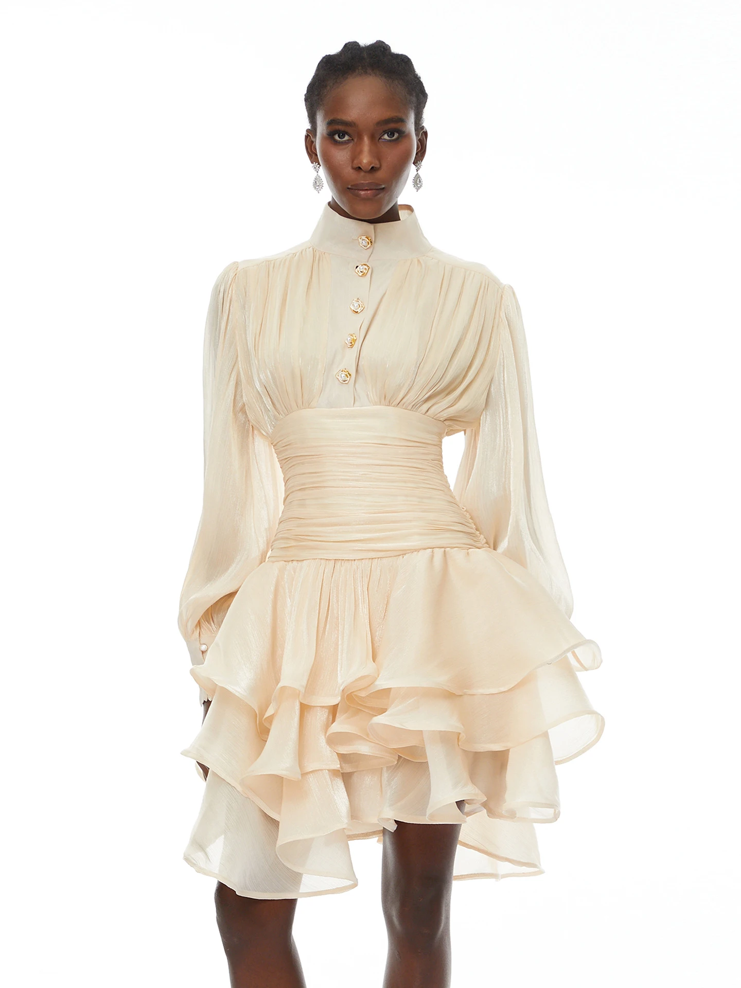 VGH Retro Court Style Waist-Cinched Dress Birthday Party Pale Tangerine Lace Trim Design A-Line  Dress Gathered Skirt