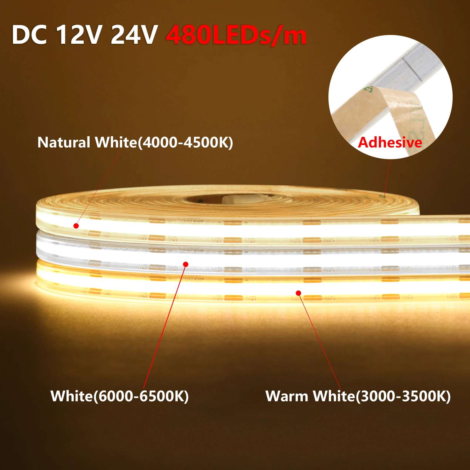 

IP67 Waterproof COB LED Strip 12V 24V 480LEDs/m High Density Flexible Tape Warm Natural White Linear Lighting for Home Decor