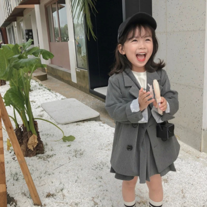 Girls Coat +Skirts Kids Suits 2PCS/Set Cotton 2024 Gray Spring Autumn Cotton Jogging Suit Teenagers Children Clothing