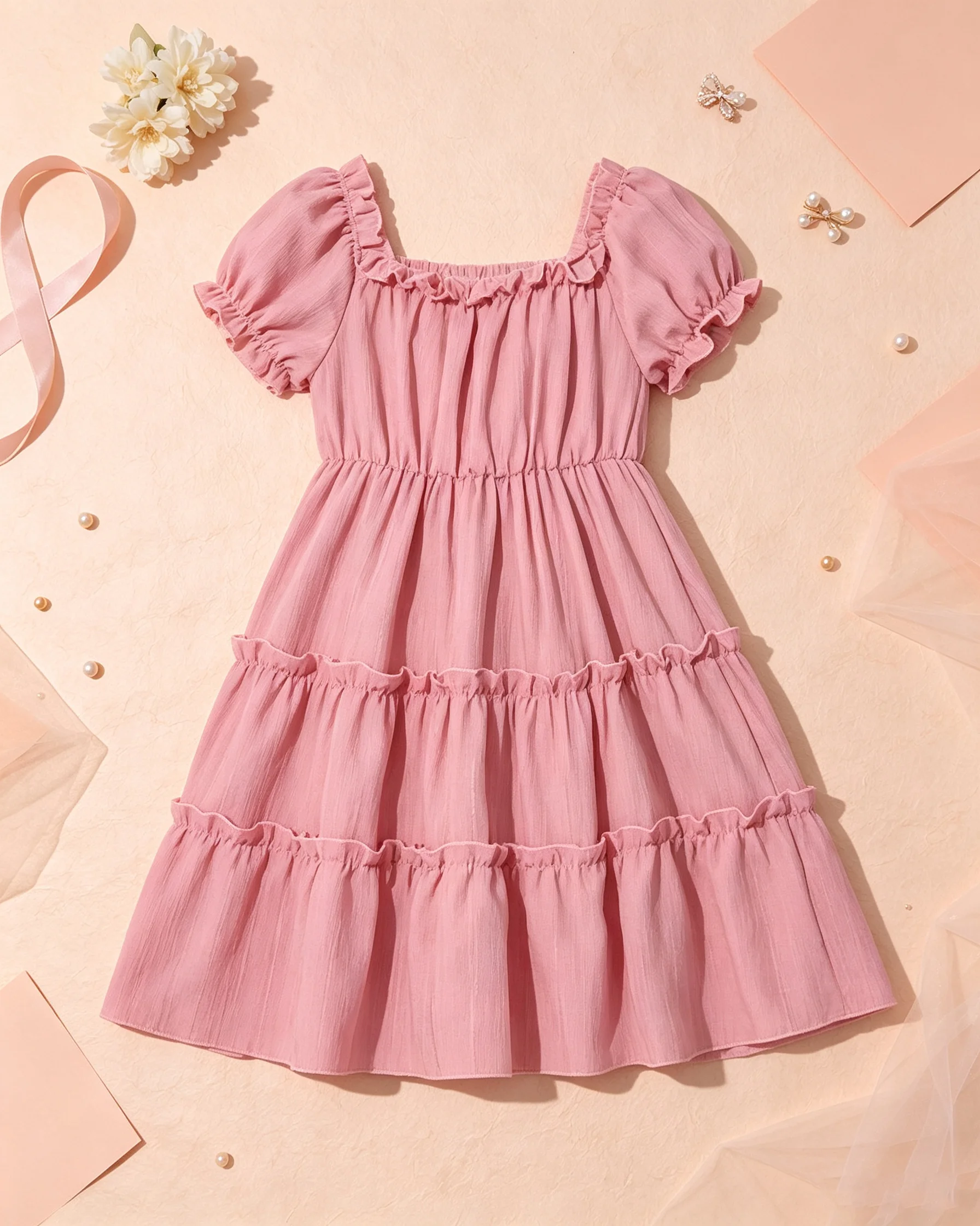 Children's casual elegant solid color square collar lace bubble sleeves short sleeved dress medium long skirt