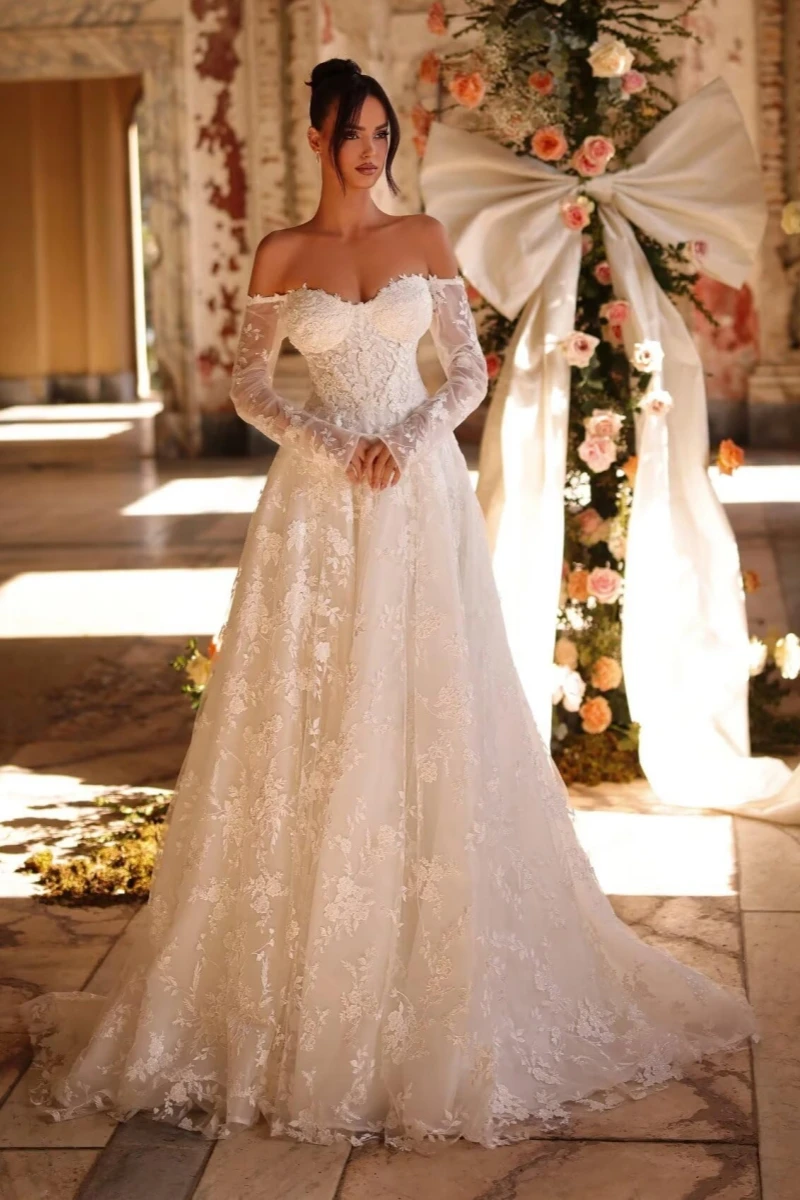 

Women's Elegant Off-Shoulder Wedding Dress with French Lace Long Sleeves Floor-Length A-Line Bridal Gown for Engagement