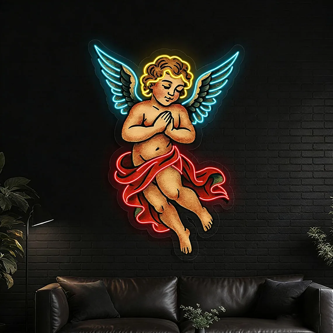 Neon z nadrukiem UV Cherub Angel, Kolorowy neon z modlącym się aniołem, Neon z anielskim skrzydłem, Neon z aniołem stróżem, Neon z cherubinem