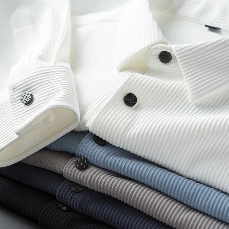 

2025 Autumn Casual Solid Color Long Sleeve Shirt Men's Loose Anti-Wrinkle Vertical Stripe Button Splicing Cardigan