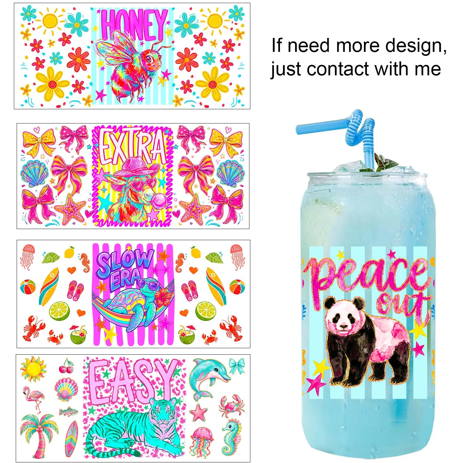 Summer Vibe Animal Style 16oz UV DTF waterproof Party DIY Decals 3D transfers uvdtf tumbler stickers 16oz uv dtf cup wraps