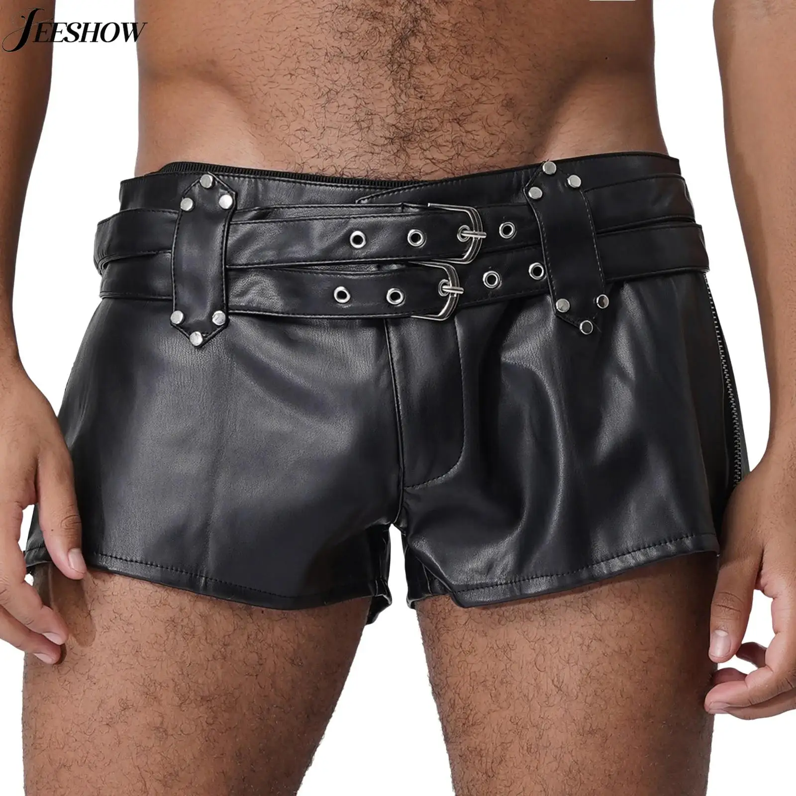 Mens Faux Leather Side Zipper Shorts Adjustable Double Belts Low Rise Hot Pants Music Festival Rave Party Clubwear Booty Shorts