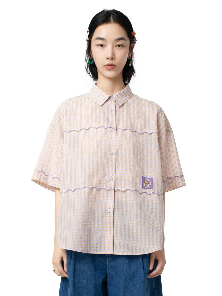 

MOVEUP Casual Short Sleeves Shirt 2026 Summer New Lapel Curved Embroidery Woven Label Plaid Loose Fit Shirt For Women 325220432