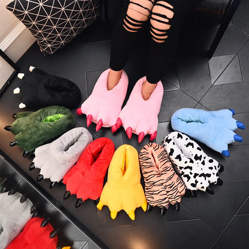 Wolf Dinosaur Claw Feet Plush Slippers Girls Leopard Animal Slippers House Shoes Winter Warm Toddler Boy Slippers Children Shoes