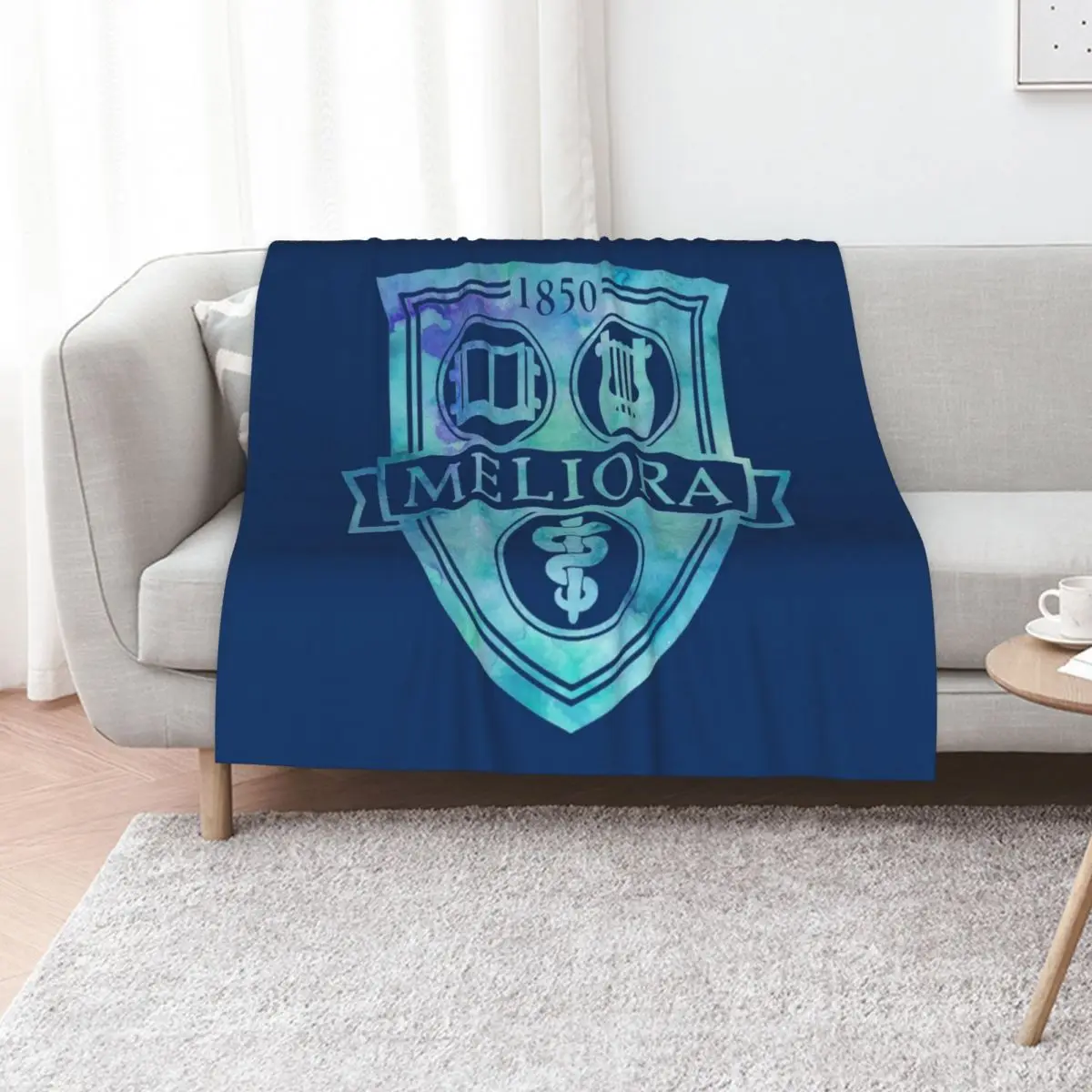 

Meliora University of Rochester Watercolor Logo Design in Blue Throw Blanket Soft Plush Blanket as Housewarming Gift