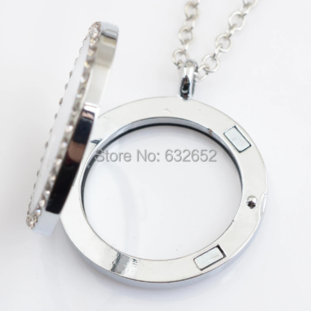 10 PCS/LOT 30mm Round Magnetic Floating Locket With Rhinestone With Free 50-55cm Chain FN0005