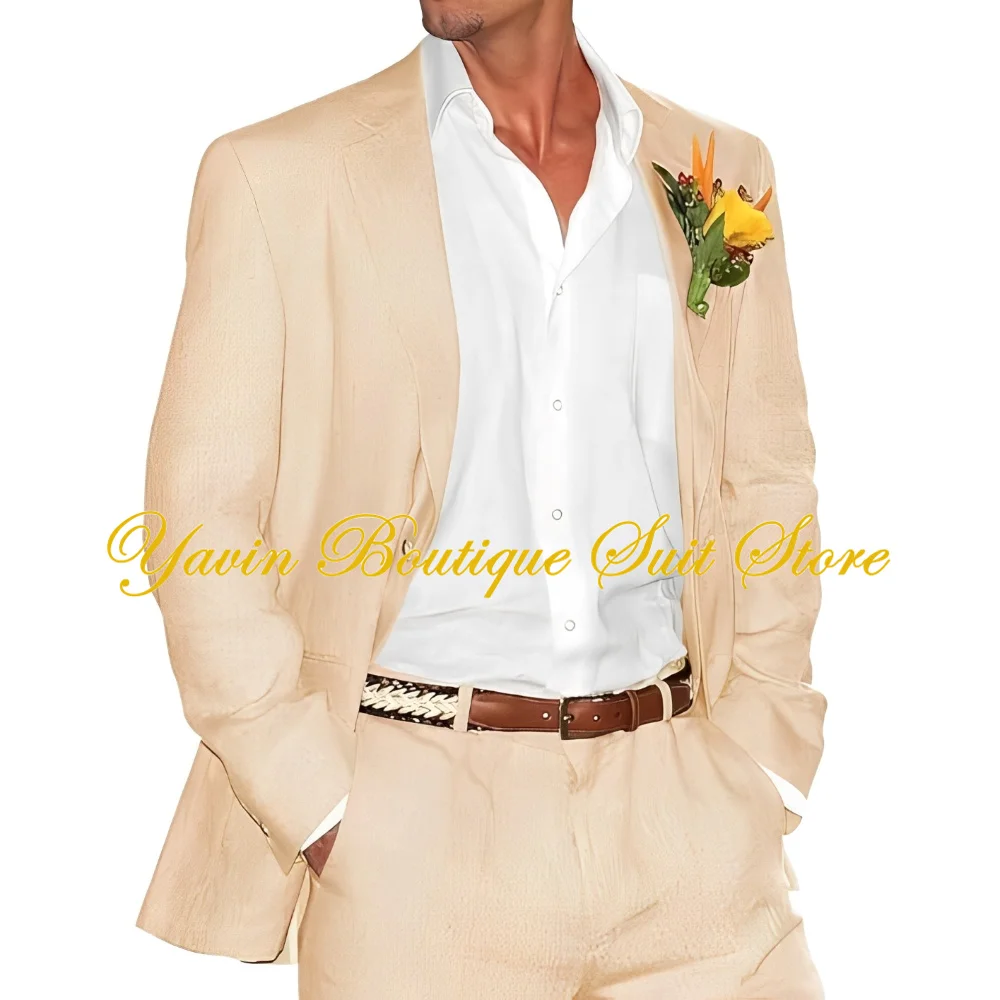 Completo da uomo in lino 2 pezzi Slim Fit per uomo Summer Beach Wedding Groom giacca di lino Set di pantaloni di lino