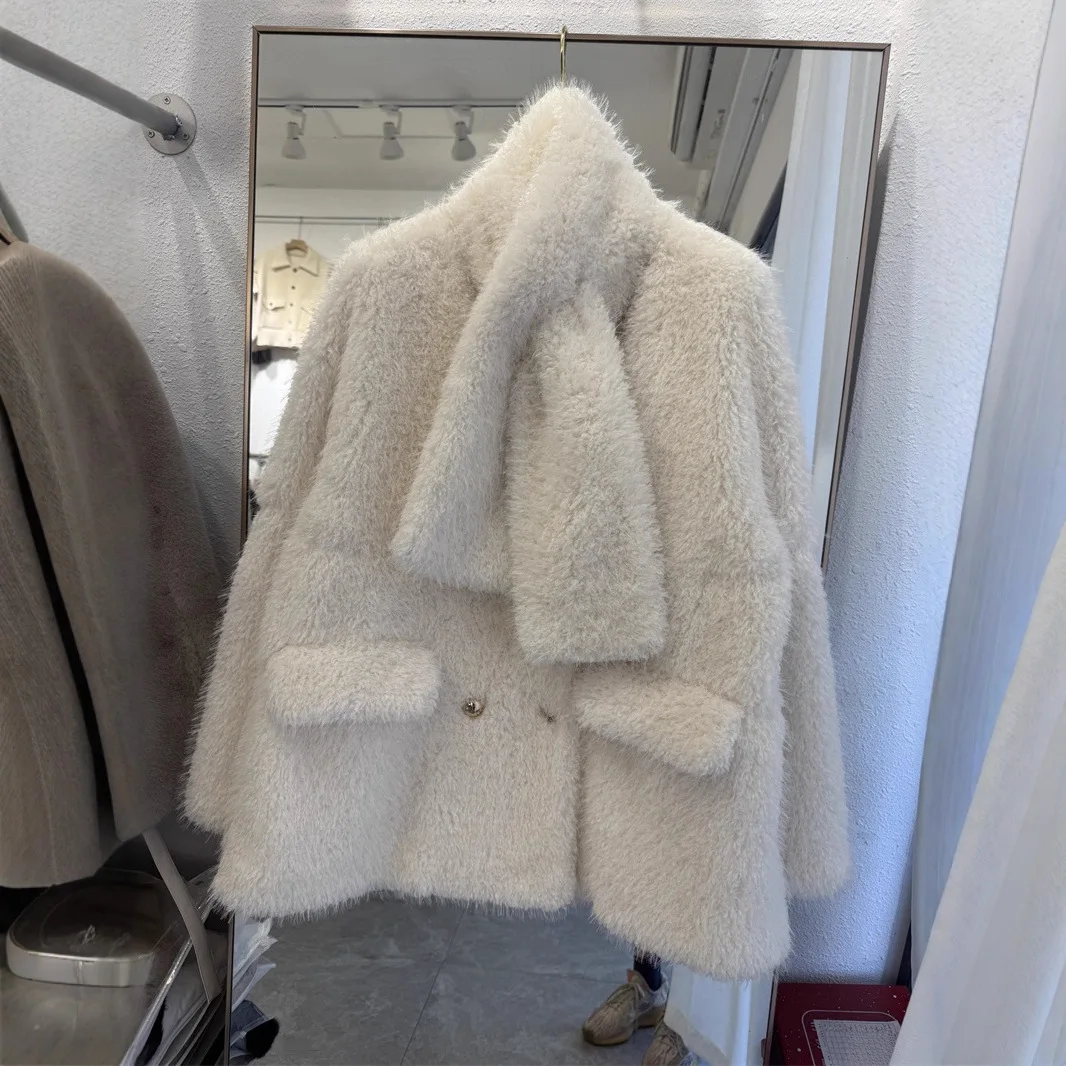 ファイオナブル・ティエンエド・レザー・ファー・インティネイテッド・コート・ウィメンズ・Vネック・ミドル丈・人工シープ・シザーズ・ベルベット・ジャケット