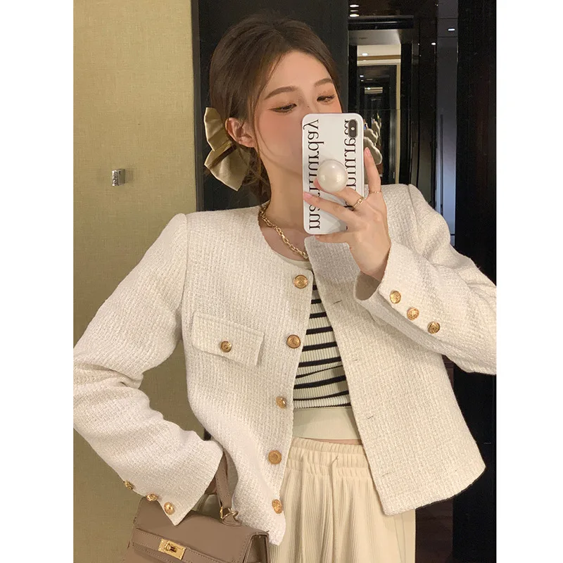 

Vintage Tweed Coat for Women Elegant O-neck Cropped Jackets Spring Autumn Korean White Single Breasted Short Outwear Tops