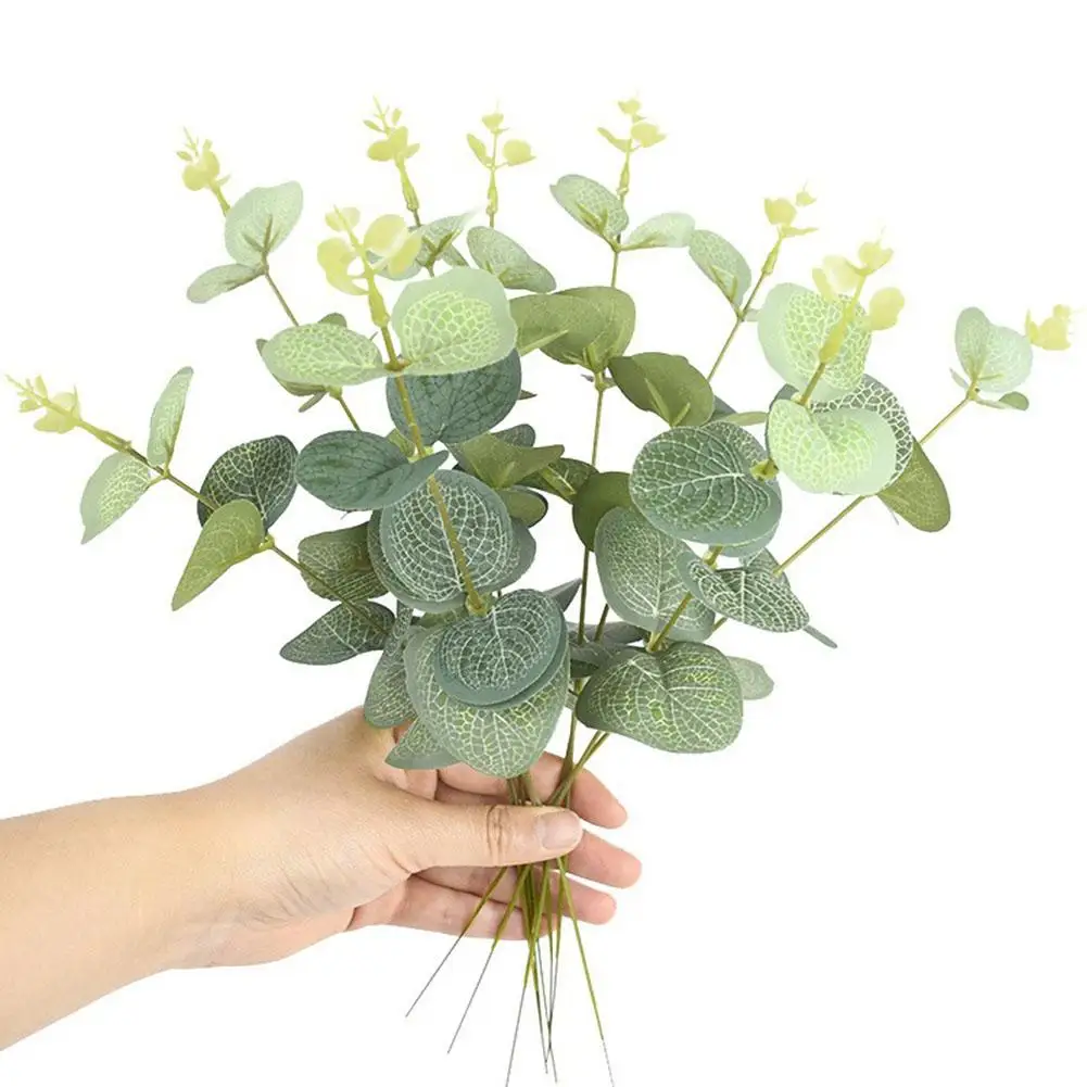 유칼립투스 잎 묶음 가지 인공 플라스틱 식물 잎 인공 줄기 홈 장식 꽃 Diy 녹색 웨딩 가짜 H5g6