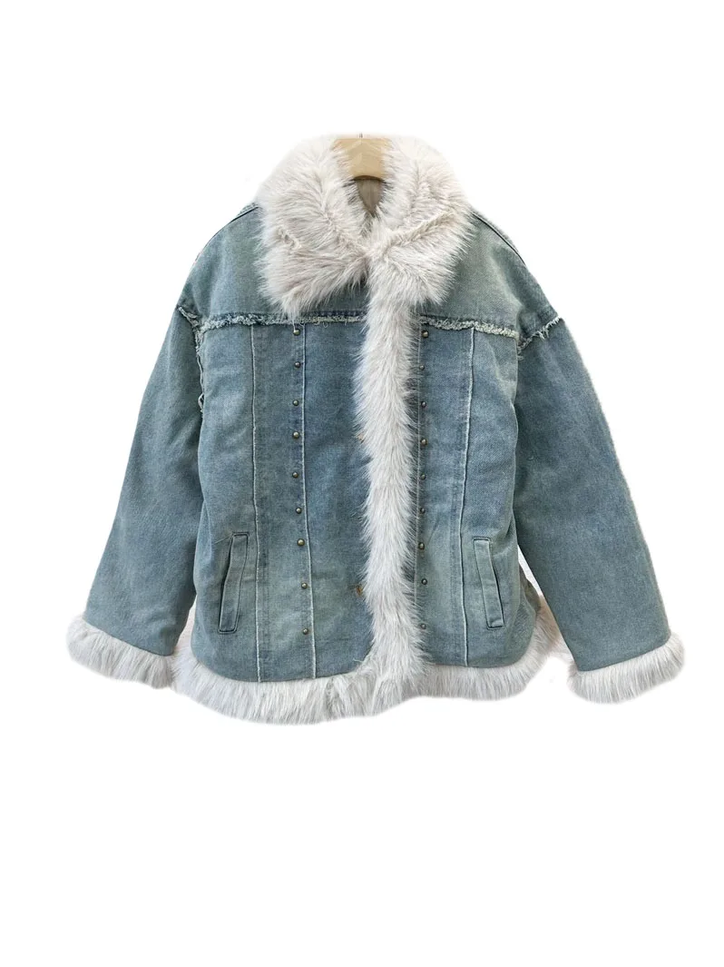 

Denim jacket lapel short loose version of the collision splicing design warm and comfortable 2023 winter new 1213