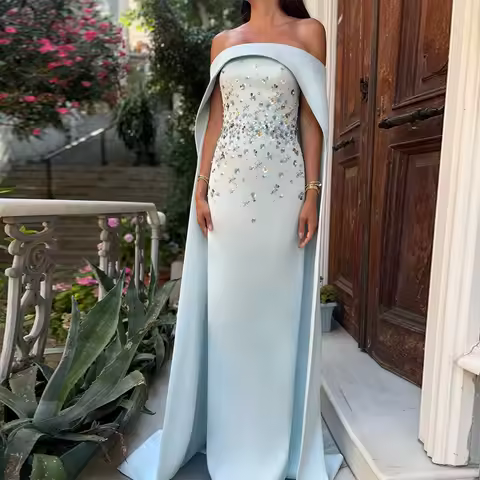 Luxurious Evening Dress Baby Blue Off the Shoulder Cape Column Evening Gowns for Women Sequins Beading Elegant Formal Dresses