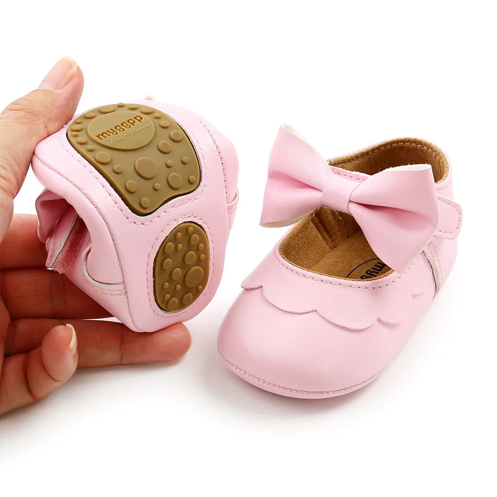 Baby First Walkers Girl Newborn Shoes Classic Bowknot Rubber Sole Anti-Slip Flat PU Princess Shoes Toddler Crib Shoes for 0-18m+