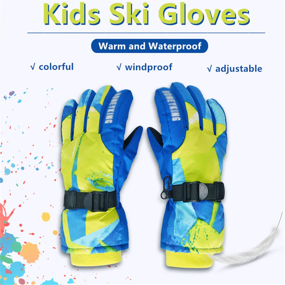 HONEYKING Kids Winter Ski Gloves Waterproof Warm Padded Mitten For Girls Boys Outdoor Skiing Cycling Windproof Snowboard Gloves