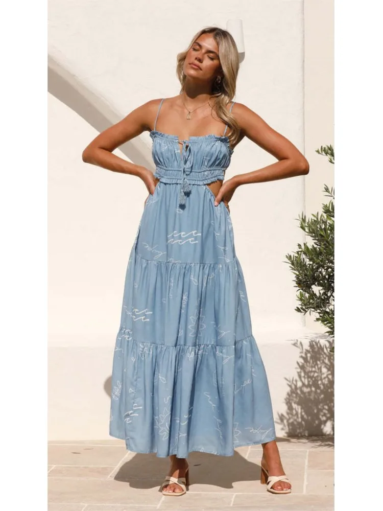 Zomer elegante spaghetti maxi-jurken dames uitgesneden rugloze ruches a-lijn jurk bohemien feestvakantie casual zonnejurk