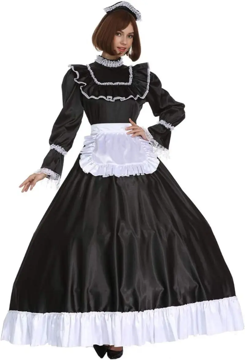 

French Sexy Adult Custom Fetish Cross Dressing Sissy Black Long Flared Sleeve Independent Apron Dance Role-playing Dress