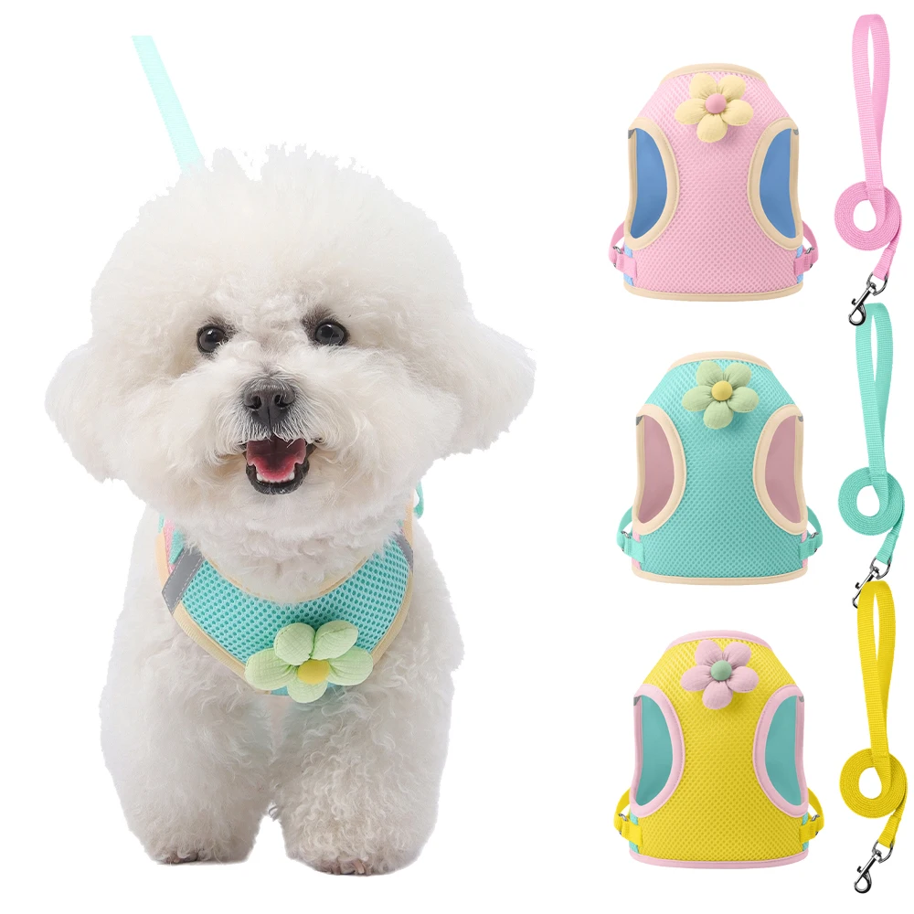 

Cute Flower Dog Harness and Leash Set Spring Summer Pet Walking Supplies Adjustable Reflection Puppy Harnesses for Small Dogs