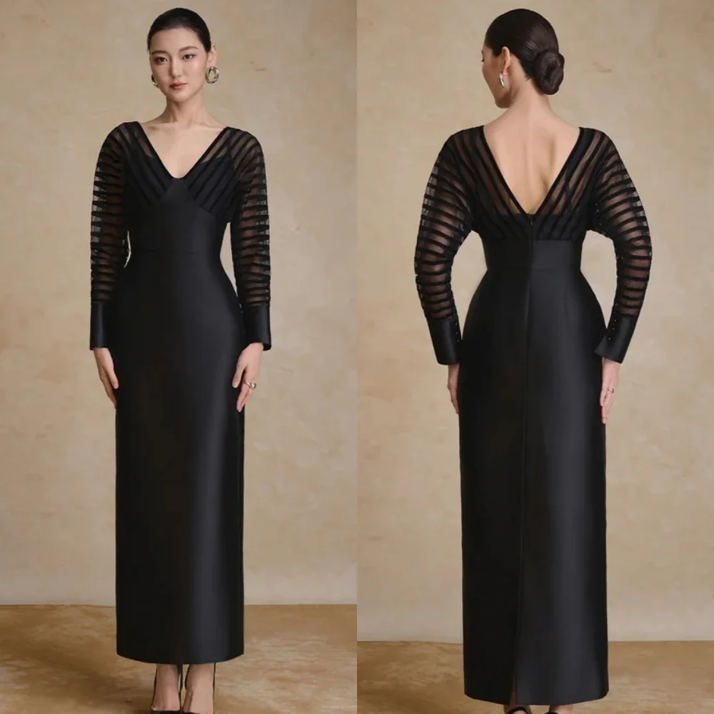 

Customized Formal Simple Charmeuse Ruched Pleat Straight V-neck Ankle Length Dresses Bespoke Occasion Dresses Sizes Available