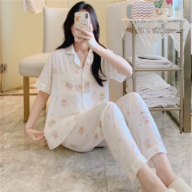 Women's Summer Explosion Sweet Temperament Loungewear Flower Cotton Silk Suit Short-sleeved New Cardigan Cotton and Silk Pajamas
