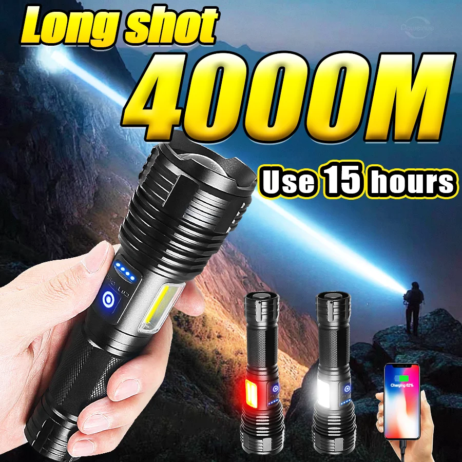 Most Powerful LED Flashlight High Power USB Rechargeable Tactical Torch Light 4000M Super Bright Outdoor Fishing Hunting Lantern