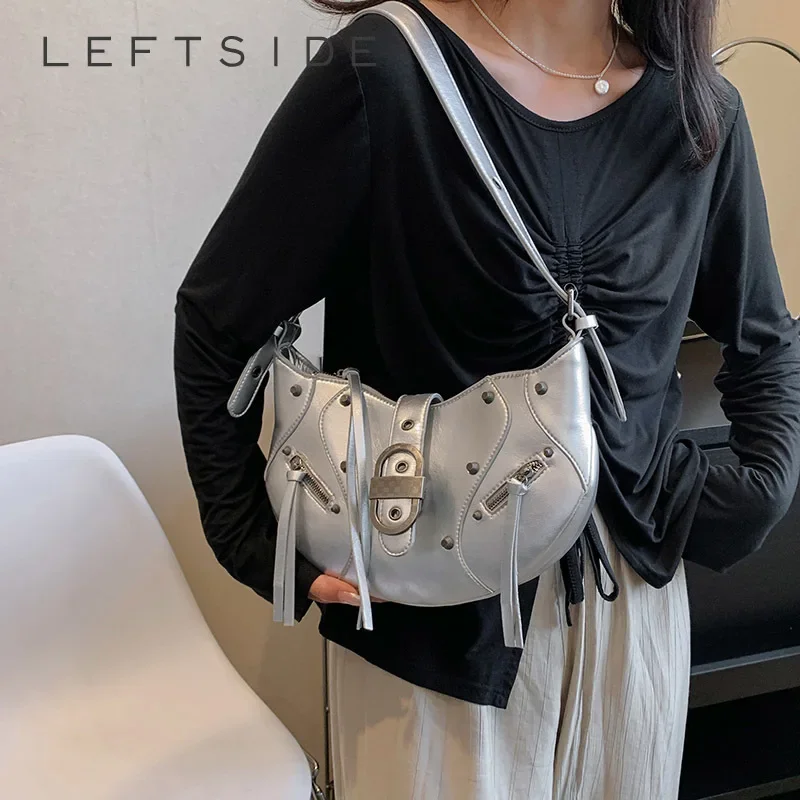 LEFTSIDE Silver Armpit Shoulder Bags for Women 2023 Y2K Designer Trend PU Leather Small Underarm Handbags and Purses