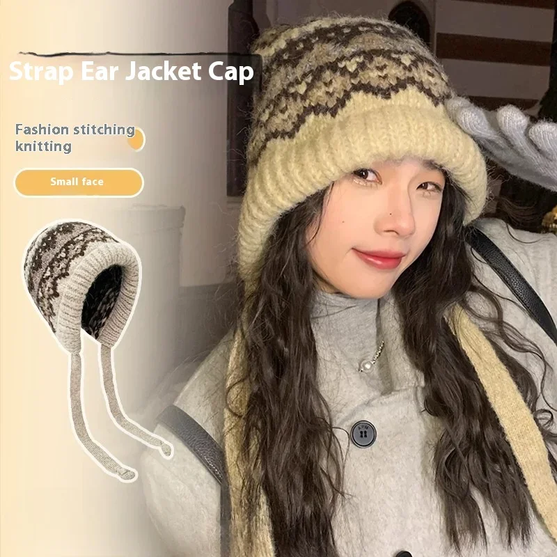 Gestrickte Vintage-Jacquard-Mütze, Winter-Strickmütze für Damen, warm und kältebeständig, gesichtsvergrößernd, Strickmütze, Skullies und Mützen
