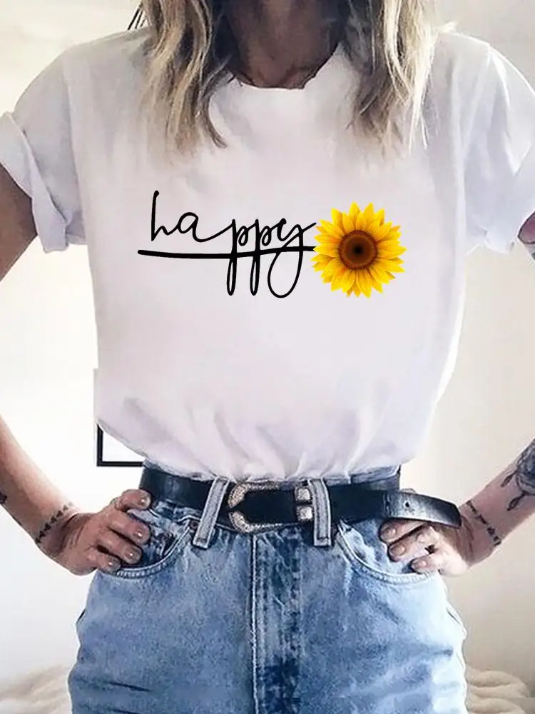 

Graphic T-shirt Print T Shirt Short Sleeve Kawaii Fashion Basic Clothing Tee Top Women Summer Sweet Flower Letter Clothes