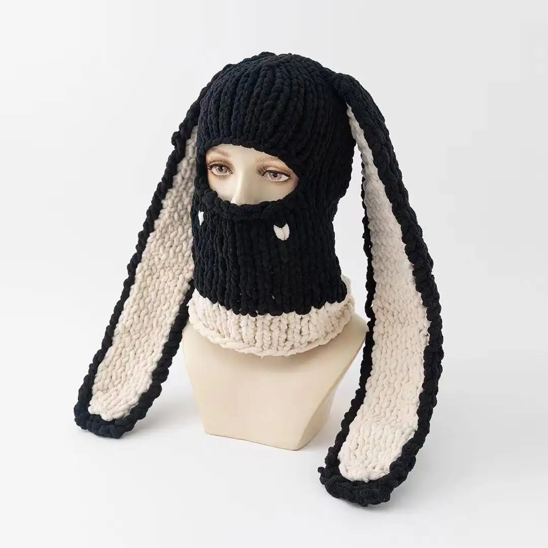 Y2k lange Hasen ohren Hut Winter handgemachte gestrickte lustige Mütze Kappe verdicken warme Voll gesicht Ski maske Abdeckung Sturmhaube für Party – Detail 15