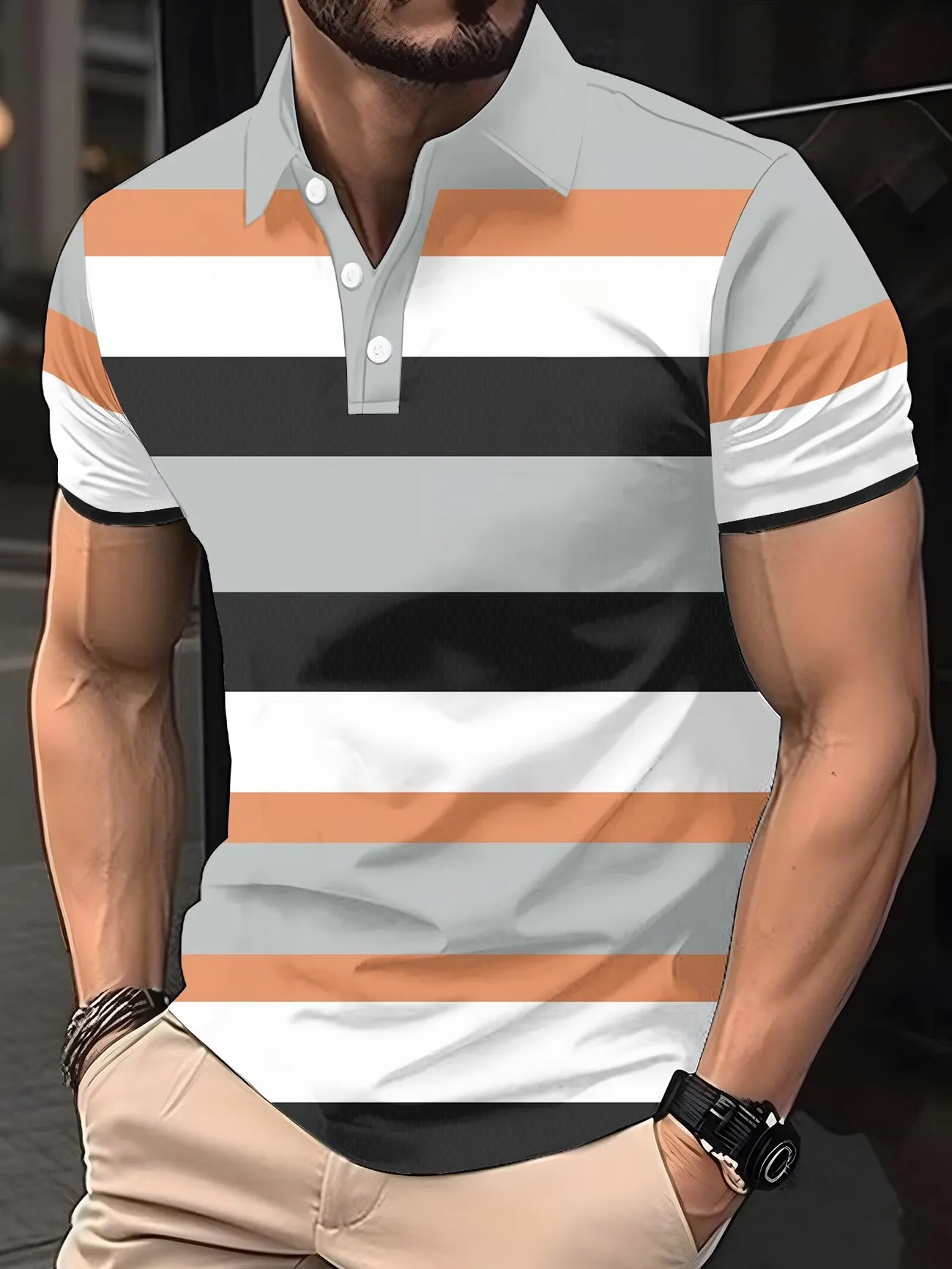 Men's Summer Short Sleeve Polo Shirt with Buttons Plaid Pattern Casual Business Style Top for Men