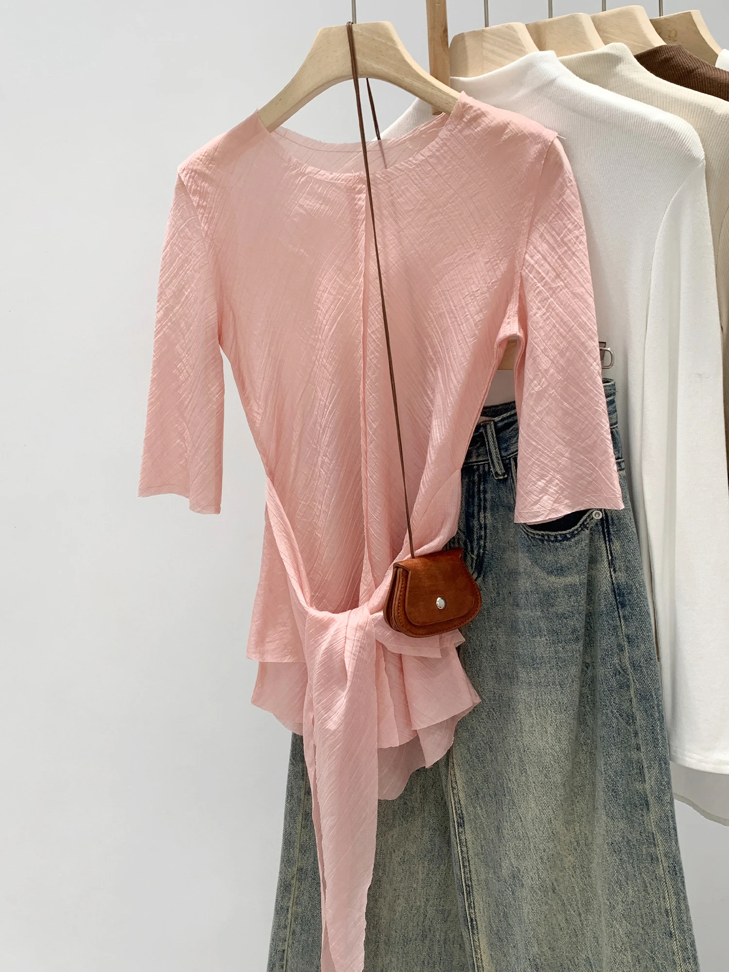 

Lace round Neck Waist Cinched Short Sleeve T-Shirt Women's Summer New Style Casual Soft Viscose Nylon Blend Comfortable Fit
