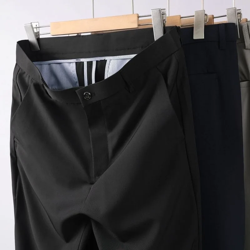 Мужские брюки, эластичные однотонные черные умные повседневные мужские брюки, офисные быстросохнущие брюки, новые весенне-осенние корейские прямые брюки