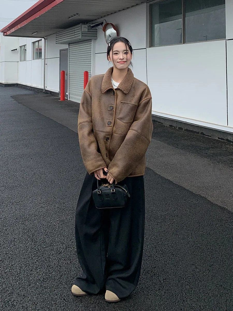 

Sixi Four Joy VTG Brown Leather Fur Inteated Thiened Lamb Fur Jaet Women's Winter Coat Commute Sle Loose Fit ort Le...