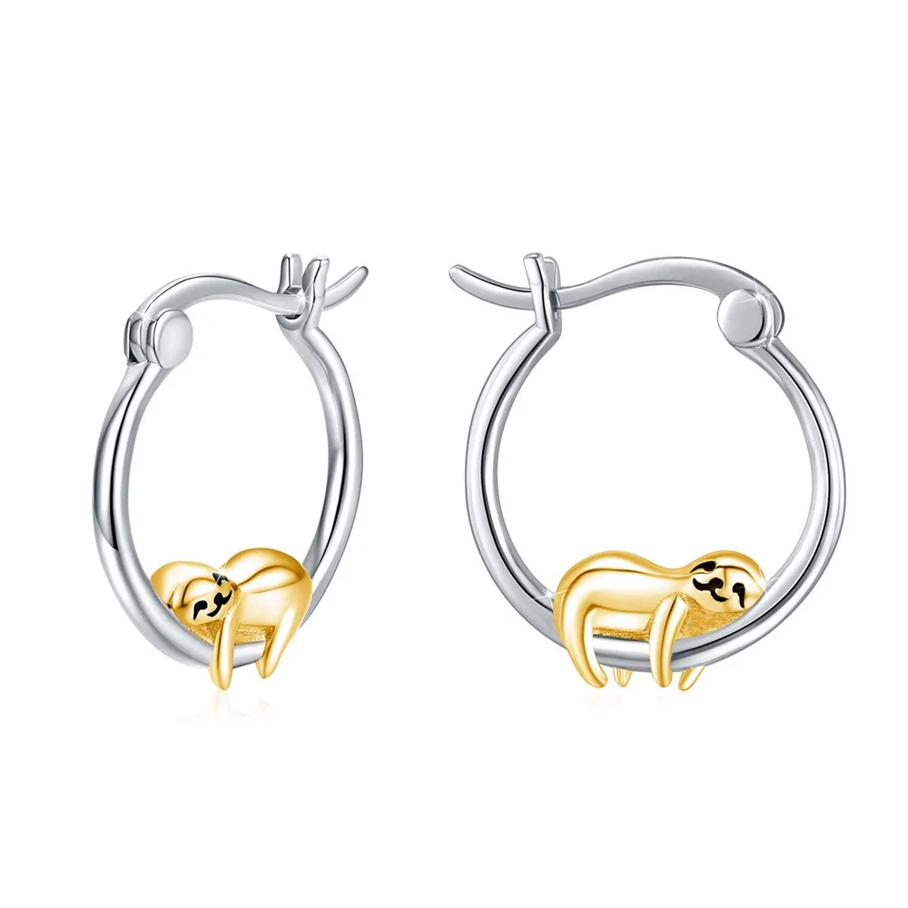 Harong Cute Sloth Hoop Earring Dual -colored Silver Plated Metal Animal Drop Earring for Woman Korean Fashion Jewelry