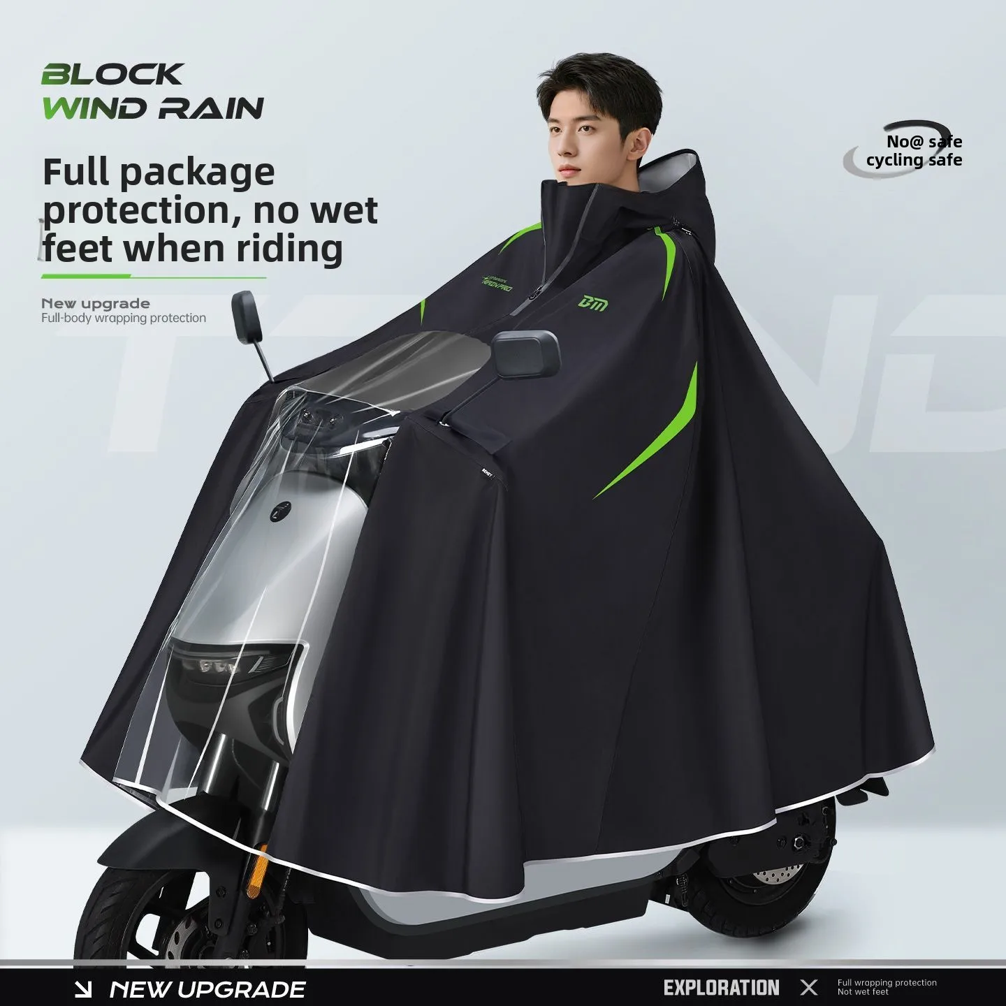 Hooded Waterproof Motorcycle Rain Poncho Full Body Electric Scooter Rain Extended Windproof Reflective Raincoat for Bike Riding
