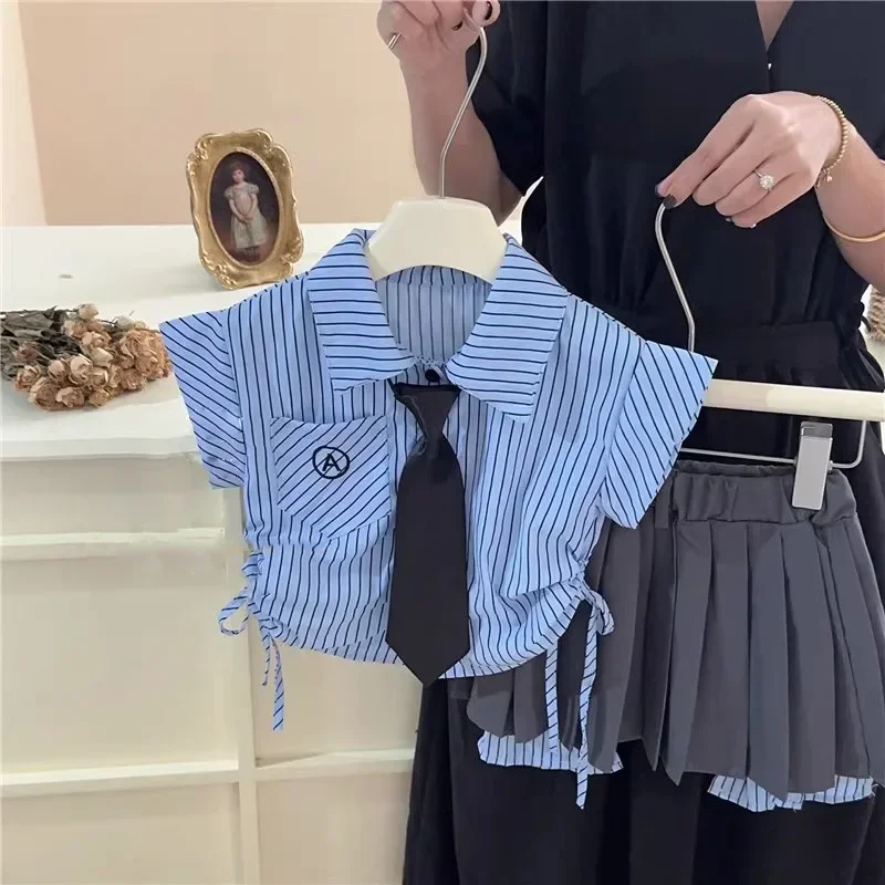 Children's Clothing Suit Summer Girl Campus Fashionable Stripe Flying Sleeve Shirt Top+ Irregular Short Skirt School Uniform