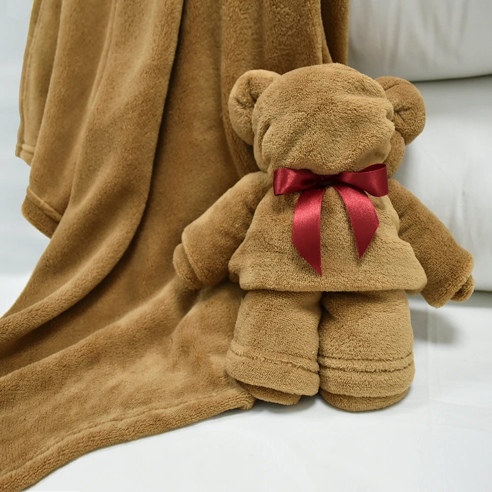 

Brown Small Flannel Blanket Folded into Teddy Bear Funny Gift for Boy Girl Kids Multi Use Portable for Travel Sofa Pet 70x100cm