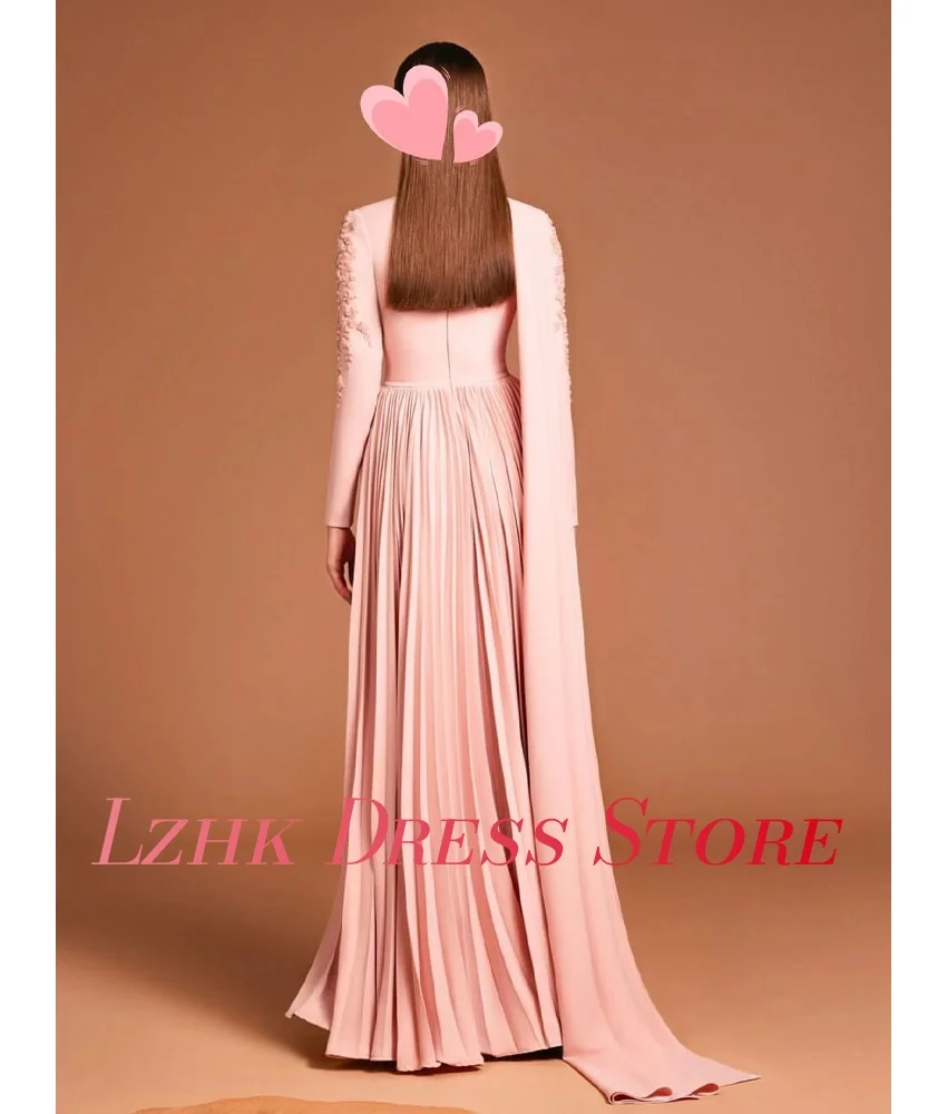 Maßgeschneidertes modernes Jersey-Abendkleid in A-Linie mit Applikationen, Knöpfen und Perlenstickerei, Temperament, lange Ärmel, bodenlange Ballkleider