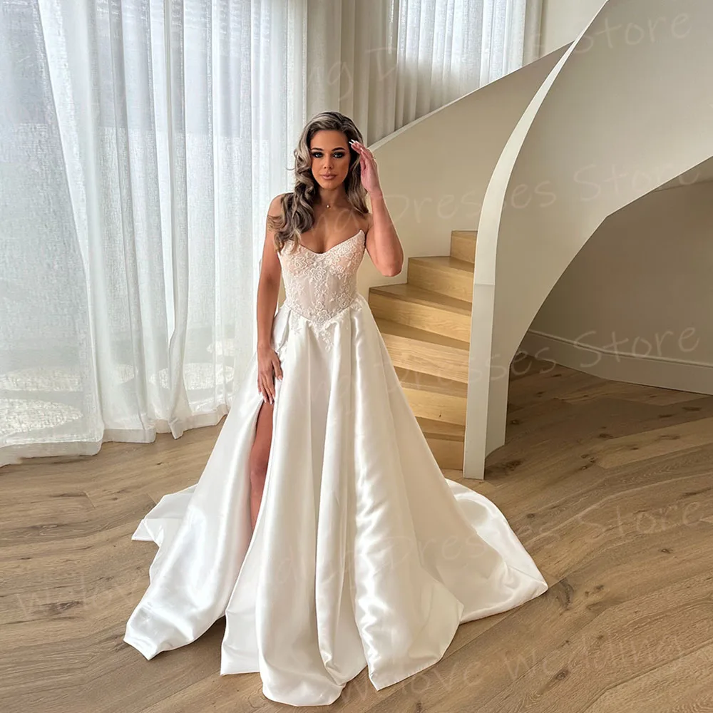 

Elegant A Line Women's Wedding Dresses V Neck Side Slit Vestidos De Novia Customized Bride Gowns Lace Appliques Hochzeitskleid