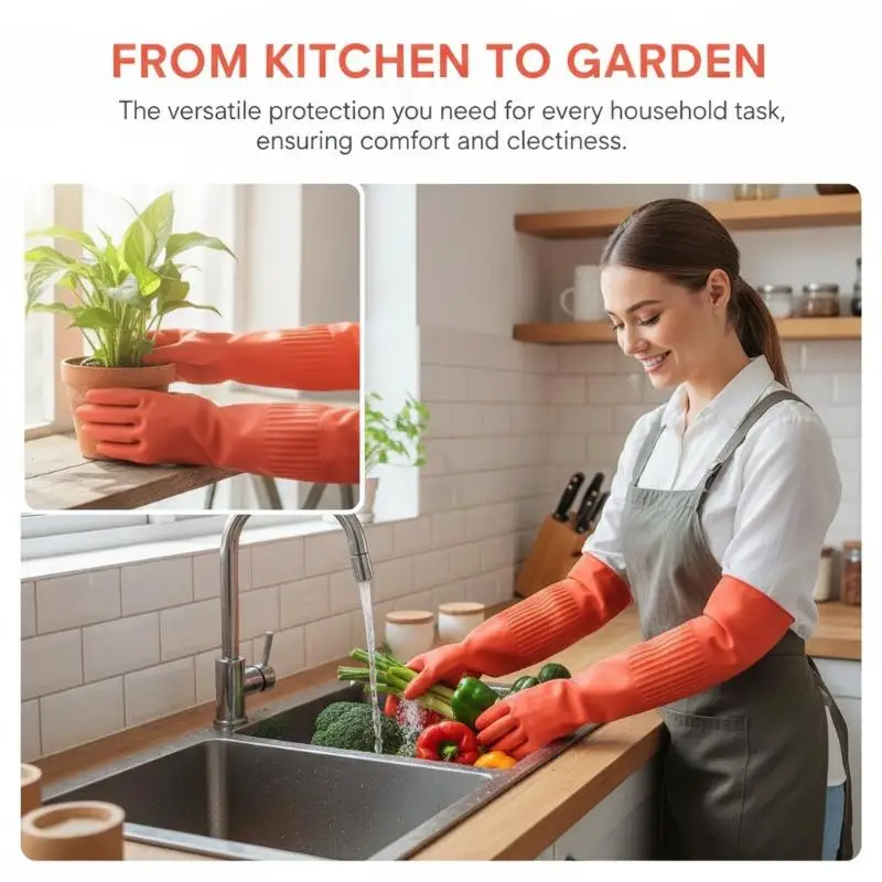 Extra lange Reinigungshandschuhe aus Gummi mit wasserdichter, rutschfester Oberfläche und reißfestem Material, ideal zum Abwaschen in der Küche. – Detail 2