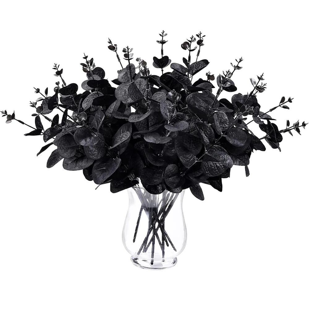 Yannew 10pcs Black Artificial Eucalyptus Stems for Table Centerpieces Autumn Eucalyptuses Leaf Branch Halloween Home Decoration